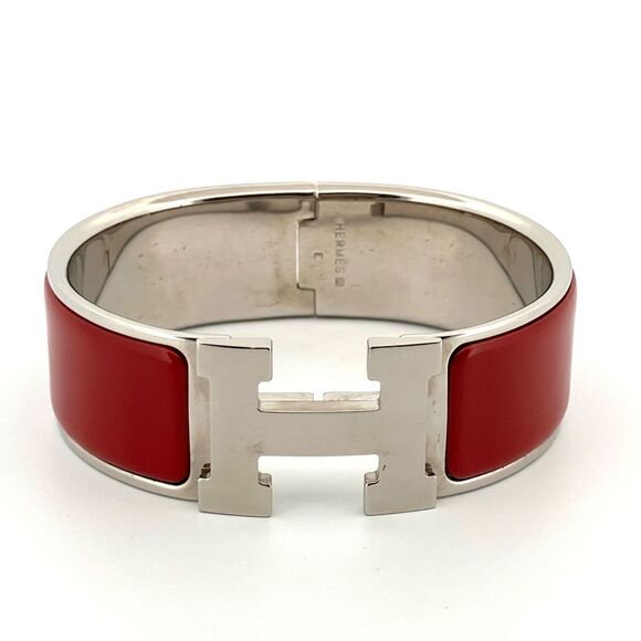 Hermes Hermès Click Clack GM Bangle Red Enamel Silver Hardware Bracelet